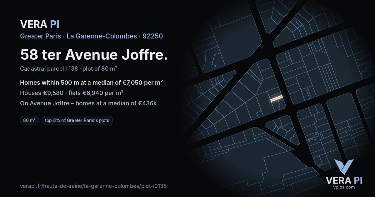 58 ter Avenue Joffre, La Garenne-Colombes at night – the plot lit, the parcels around coloured by the prices near them