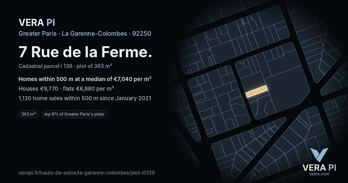 7 Rue de la Ferme, La Garenne-Colombes at night – the plot lit, the parcels around coloured by the prices near them