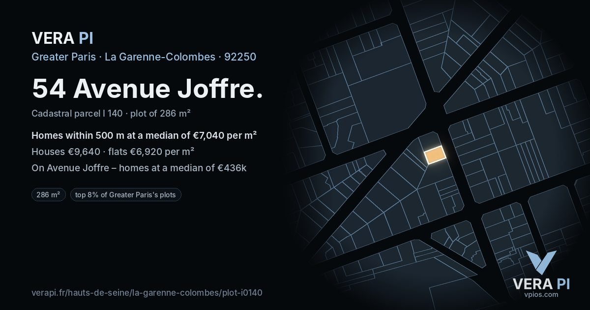 54 Avenue Joffre, La Garenne-Colombes at night – the plot lit, the parcels around coloured by the prices near them