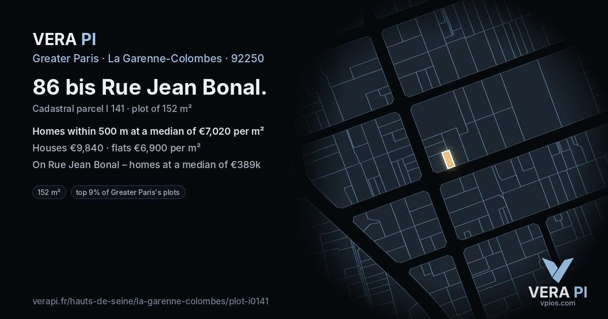 86 bis Rue Jean Bonal, La Garenne-Colombes at night – the plot lit, the parcels around coloured by the prices near them
