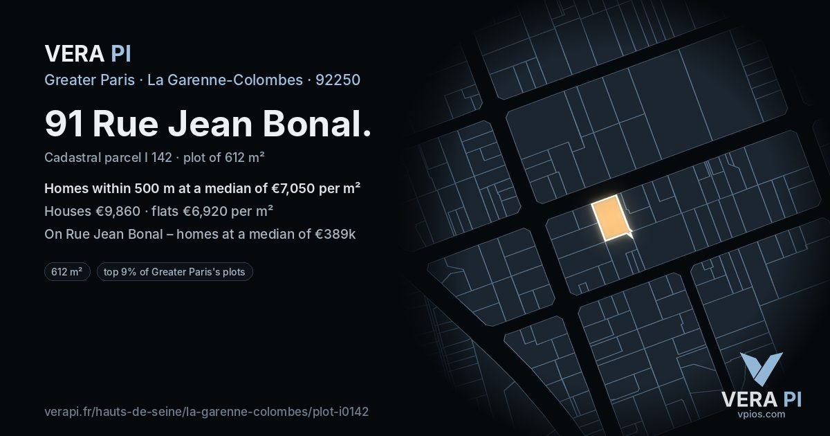 91 Rue Jean Bonal, La Garenne-Colombes at night – the plot lit, the parcels around coloured by the prices near them
