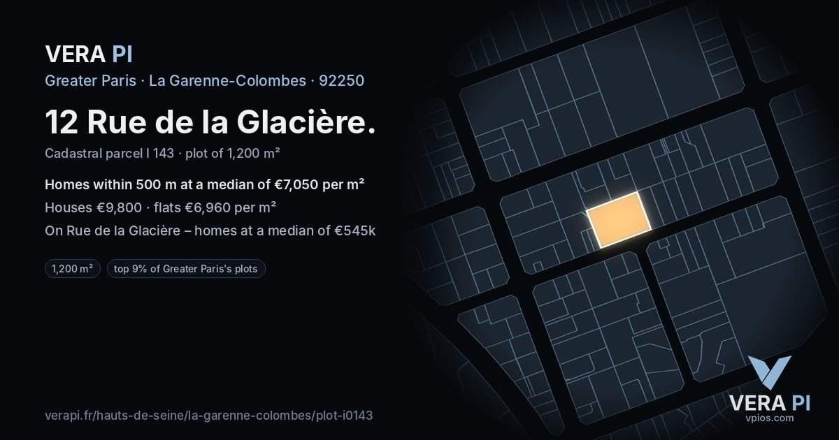 12 Rue de la Glacière, La Garenne-Colombes at night – the plot lit, the parcels around coloured by the prices near them