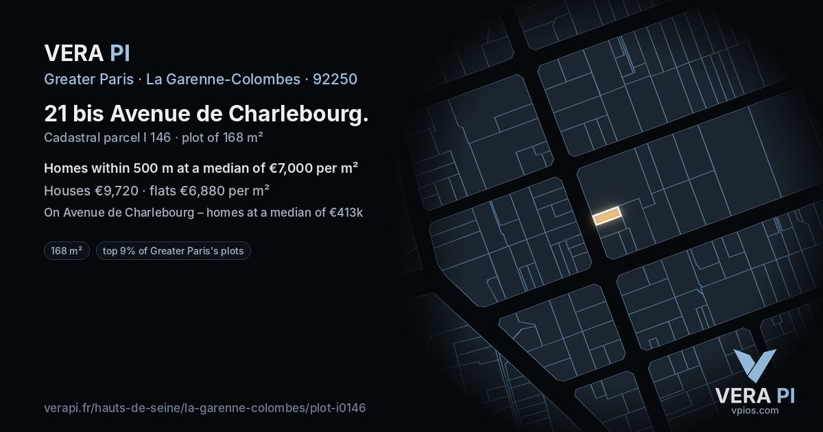 21 bis Avenue de Charlebourg, La Garenne-Colombes at night – the plot lit, the parcels around coloured by the prices near them