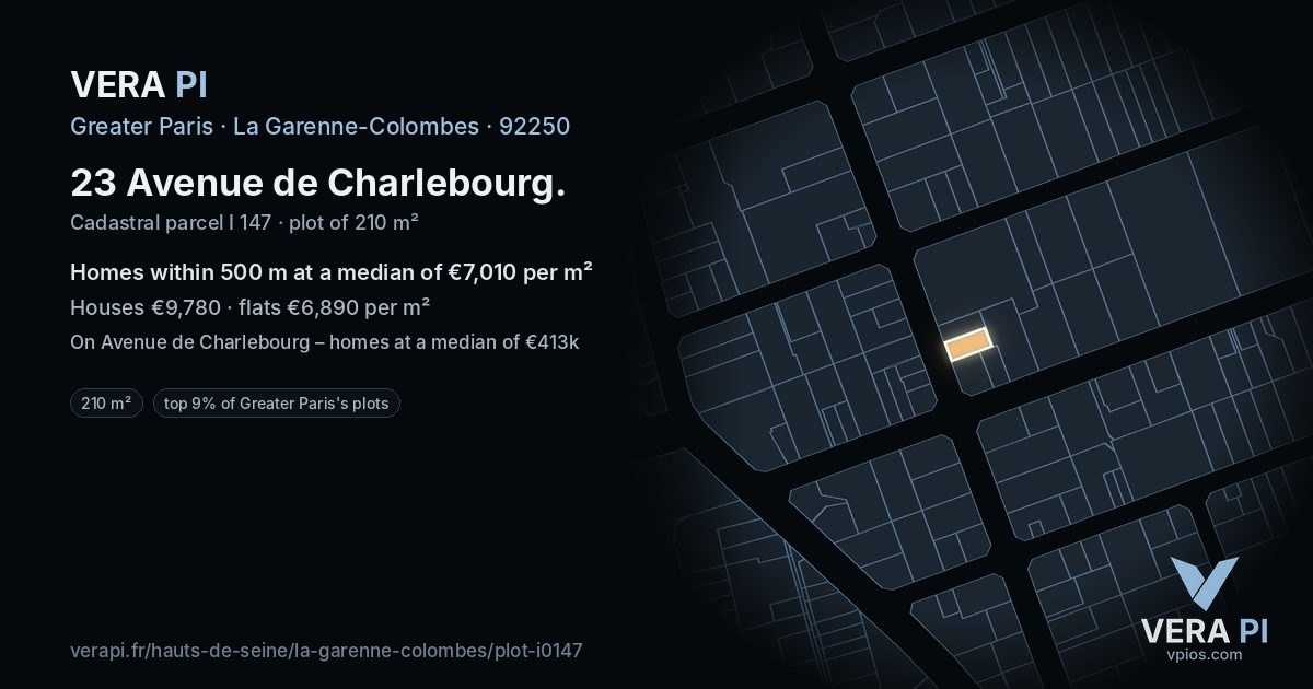 23 Avenue de Charlebourg, La Garenne-Colombes at night – the plot lit, the parcels around coloured by the prices near them