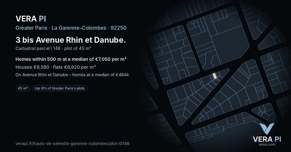3 bis Avenue Rhin et Danube, La Garenne-Colombes at night – the plot lit, the parcels around coloured by the prices near them