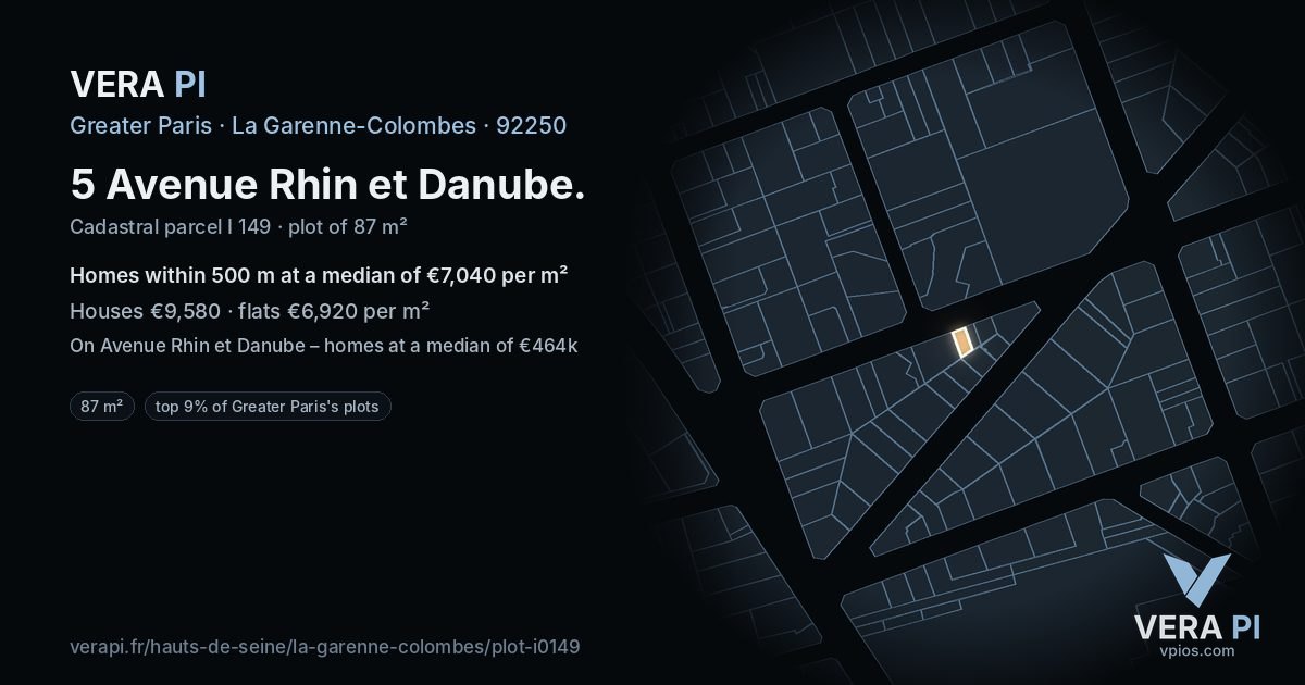 5 Avenue Rhin et Danube, La Garenne-Colombes at night – the plot lit, the parcels around coloured by the prices near them