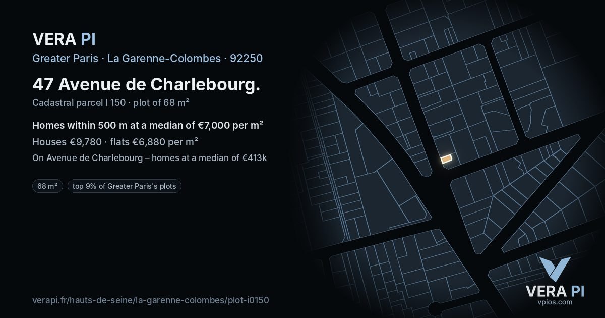 47 Avenue de Charlebourg, La Garenne-Colombes at night – the plot lit, the parcels around coloured by the prices near them