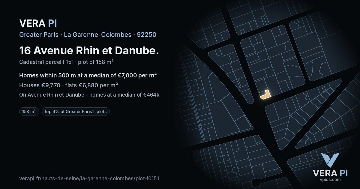 16 Avenue Rhin et Danube, La Garenne-Colombes at night – the plot lit, the parcels around coloured by the prices near them