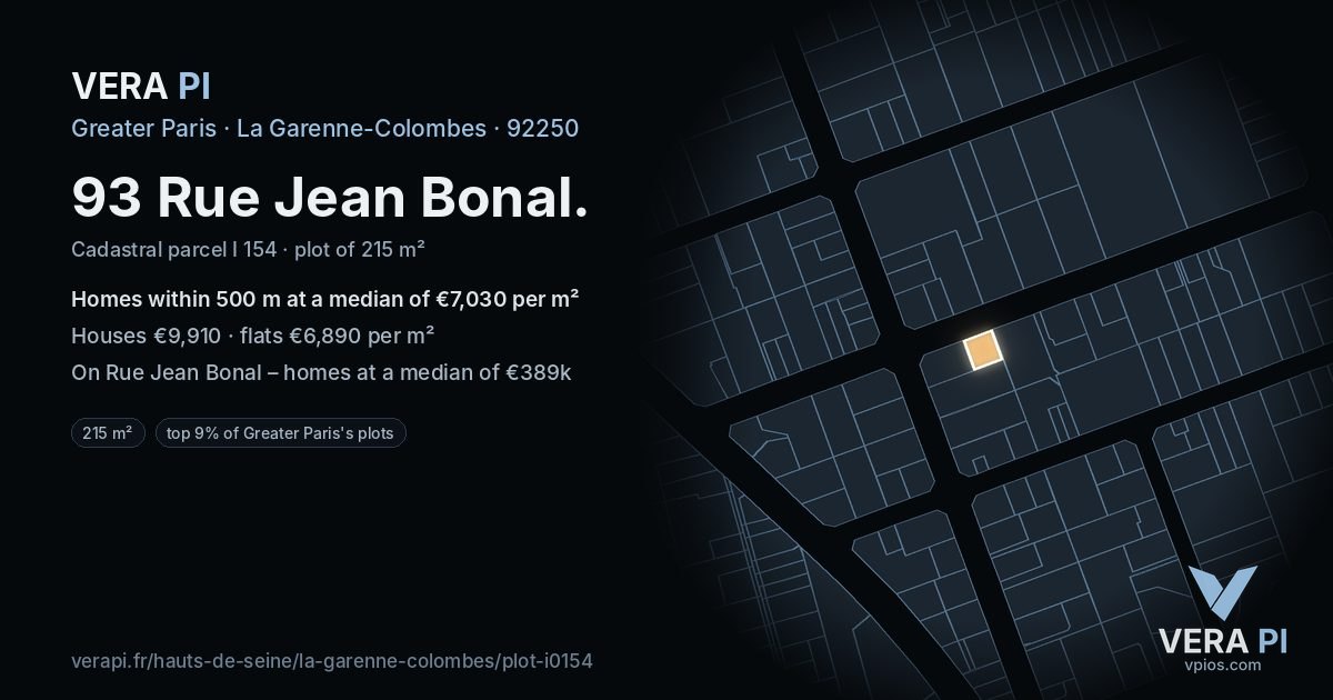 93 Rue Jean Bonal, La Garenne-Colombes at night – the plot lit, the parcels around coloured by the prices near them
