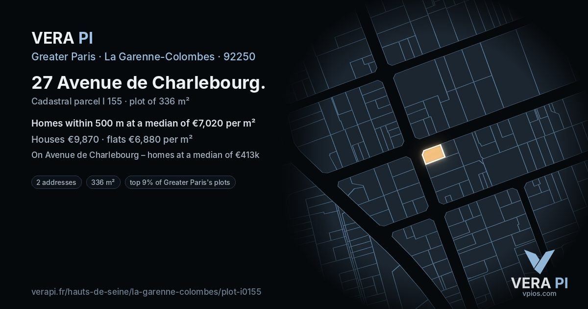 27 Avenue de Charlebourg, La Garenne-Colombes at night – the plot lit, the parcels around coloured by the prices near them