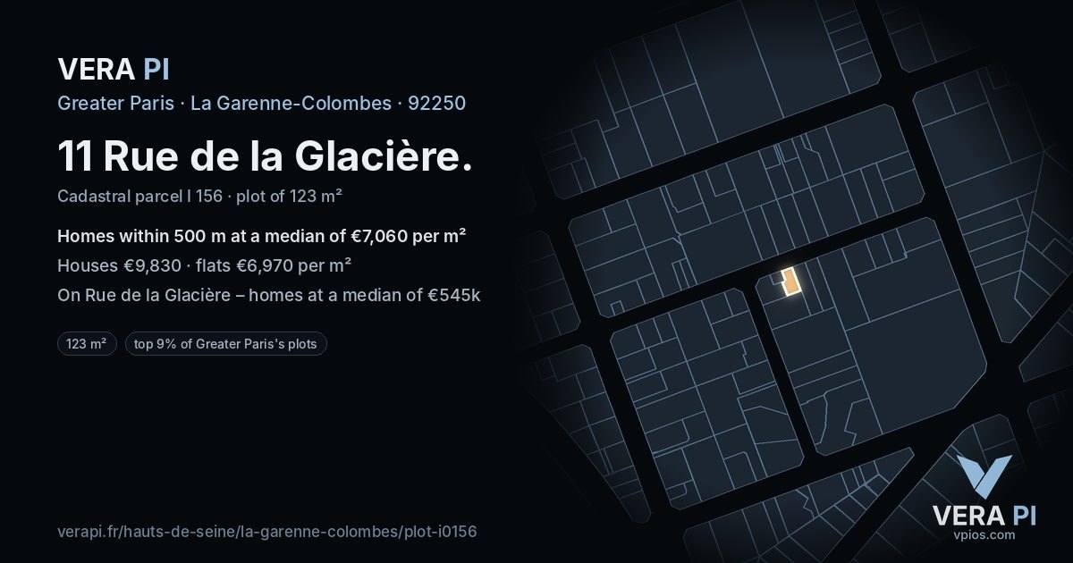 11 Rue de la Glacière, La Garenne-Colombes at night – the plot lit, the parcels around coloured by the prices near them