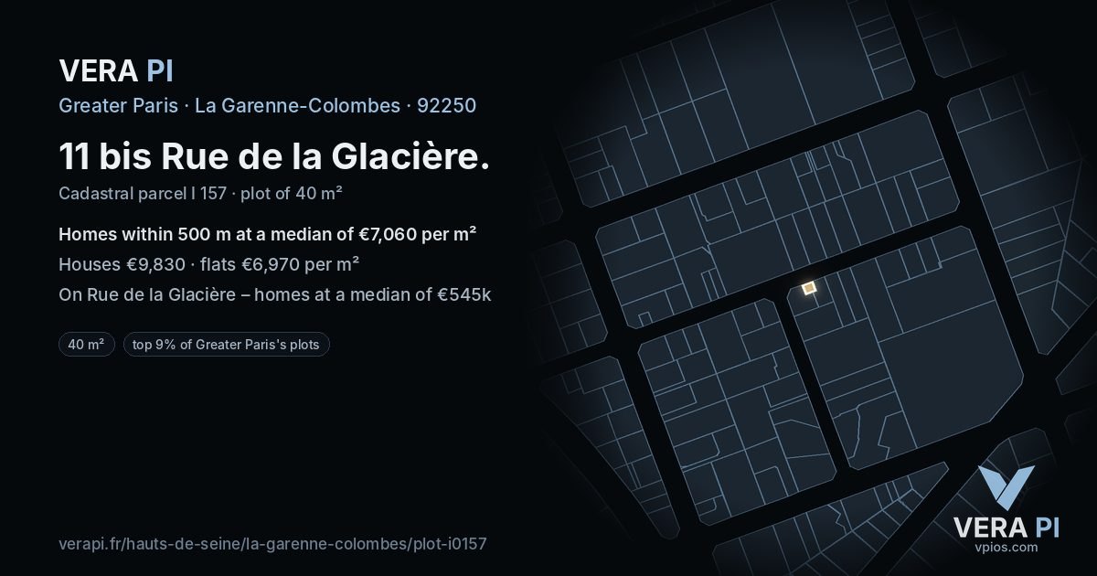 11 bis Rue de la Glacière, La Garenne-Colombes at night – the plot lit, the parcels around coloured by the prices near them