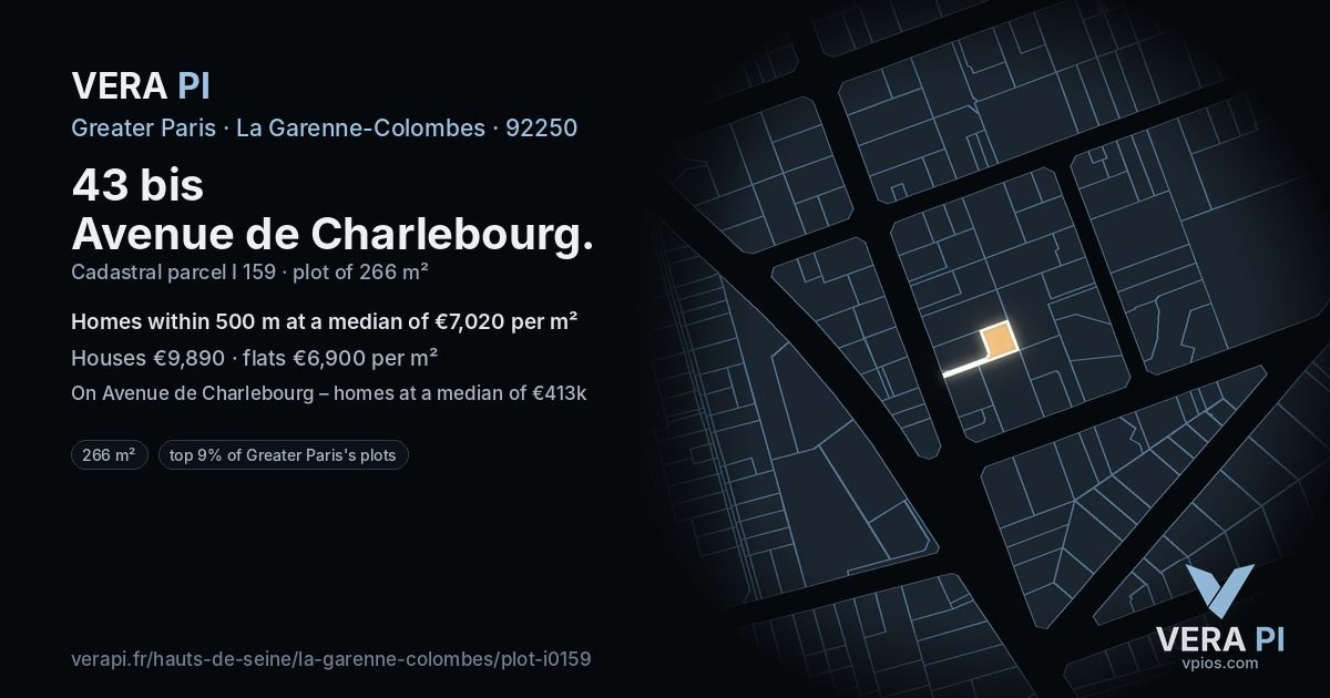 43 bis Avenue de Charlebourg, La Garenne-Colombes at night – the plot lit, the parcels around coloured by the prices near them
