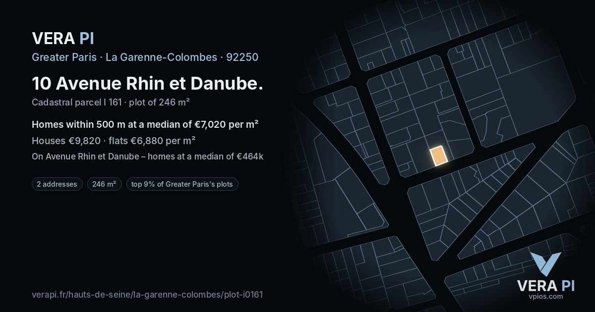 10 Avenue Rhin et Danube, La Garenne-Colombes at night – the plot lit, the parcels around coloured by the prices near them