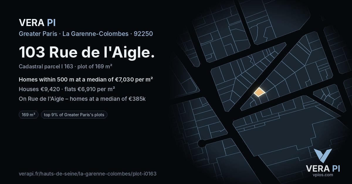 103 Rue de l'Aigle, La Garenne-Colombes at night – the plot lit, the parcels around coloured by the prices near them