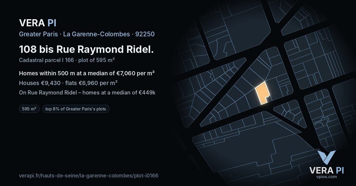 108 bis Rue Raymond Ridel, La Garenne-Colombes at night – the plot lit, the parcels around coloured by the prices near them