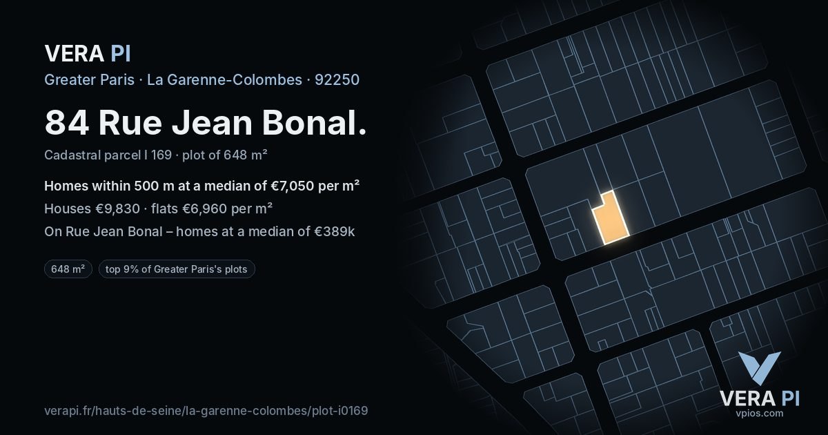 84 Rue Jean Bonal, La Garenne-Colombes at night – the plot lit, the parcels around coloured by the prices near them