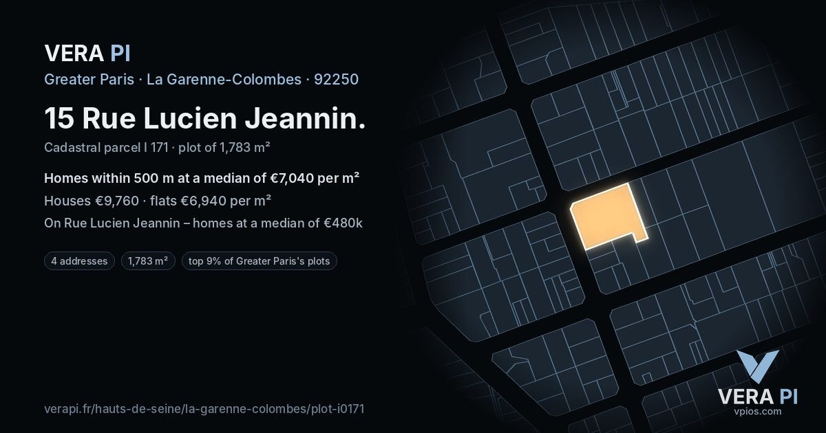 15 Rue Lucien Jeannin, La Garenne-Colombes at night – the plot lit, the parcels around coloured by the prices near them