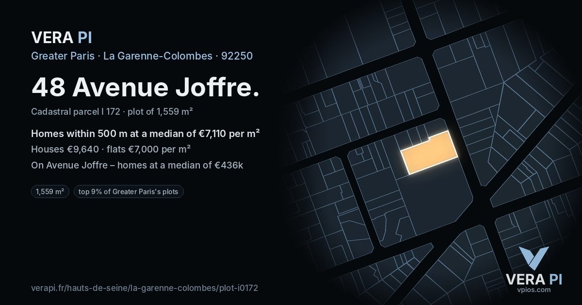 48 Avenue Joffre, La Garenne-Colombes at night – the plot lit, the parcels around coloured by the prices near them