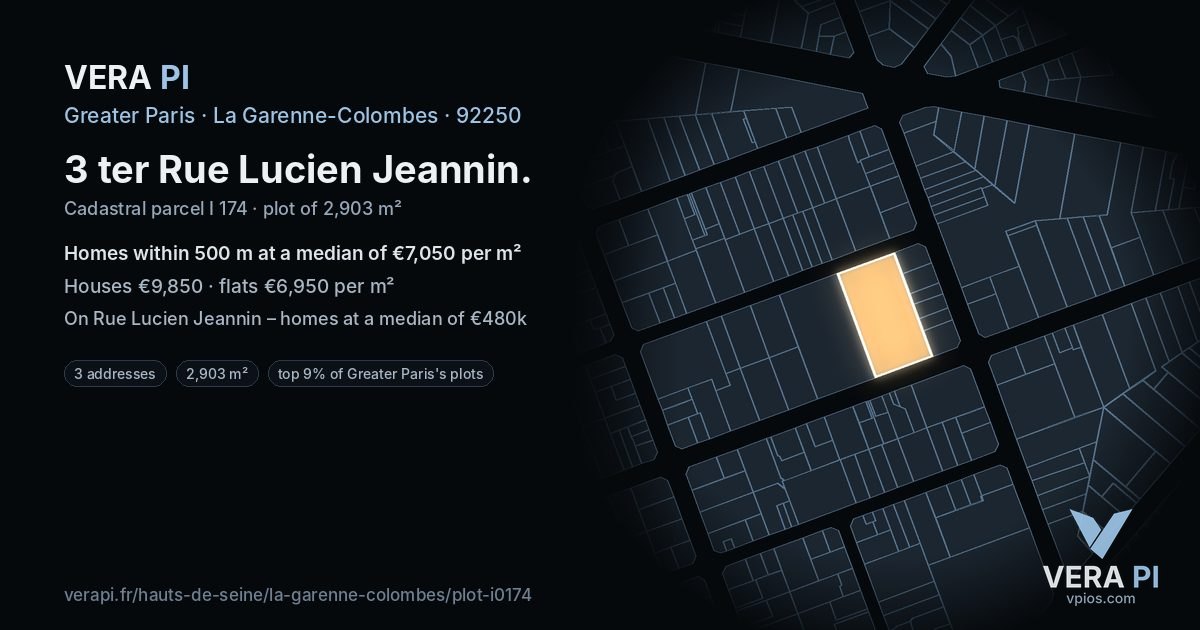 3 ter Rue Lucien Jeannin, La Garenne-Colombes at night – the plot lit, the parcels around coloured by the prices near them
