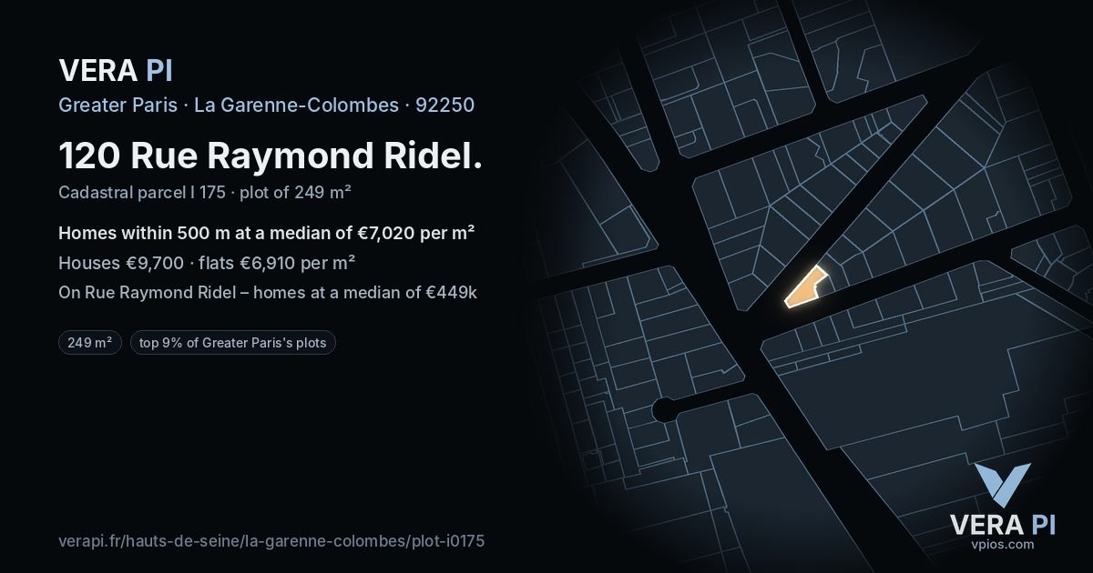 120 Rue Raymond Ridel, La Garenne-Colombes at night – the plot lit, the parcels around coloured by the prices near them