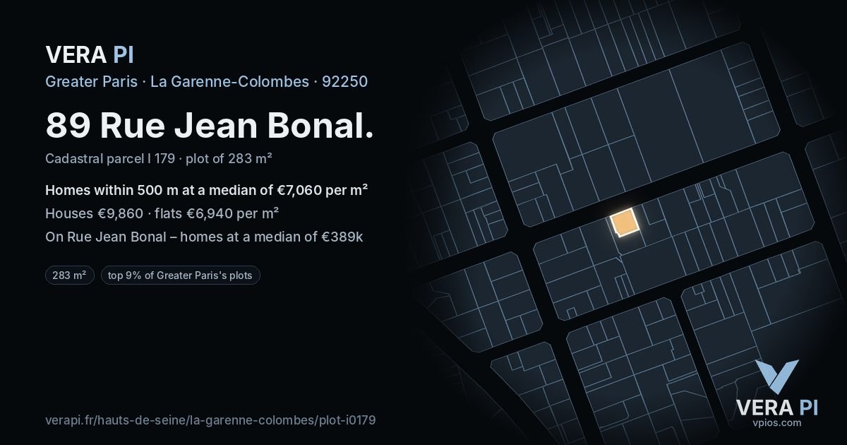 89 Rue Jean Bonal, La Garenne-Colombes at night – the plot lit, the parcels around coloured by the prices near them