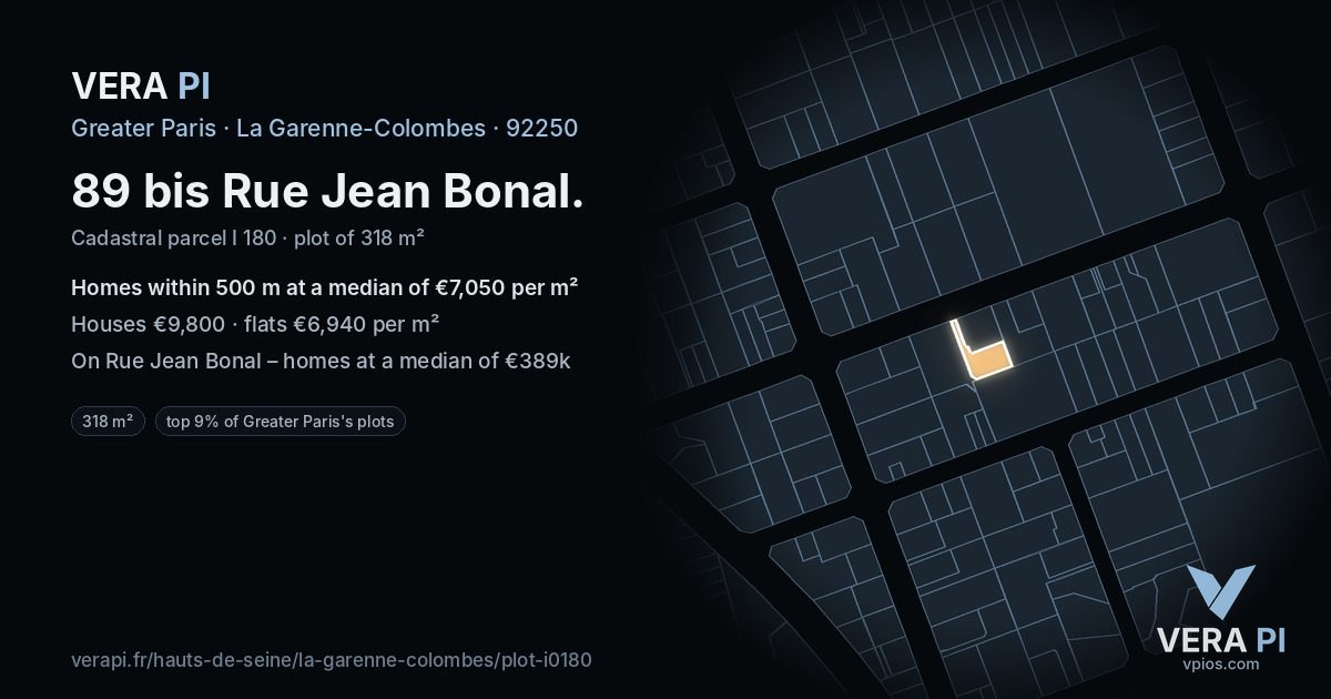 89 bis Rue Jean Bonal, La Garenne-Colombes at night – the plot lit, the parcels around coloured by the prices near them