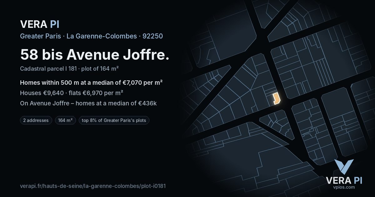 58 bis Avenue Joffre, La Garenne-Colombes at night – the plot lit, the parcels around coloured by the prices near them
