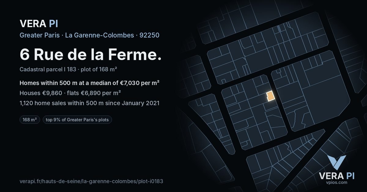 6 Rue de la Ferme, La Garenne-Colombes at night – the plot lit, the parcels around coloured by the prices near them