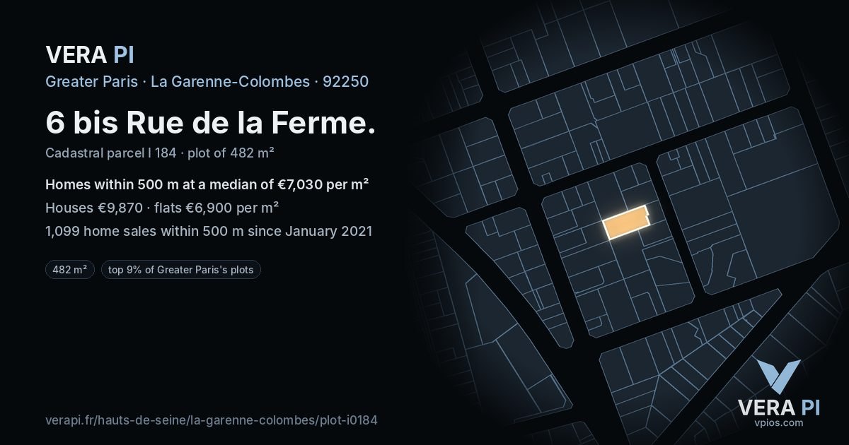 6 bis Rue de la Ferme, La Garenne-Colombes at night – the plot lit, the parcels around coloured by the prices near them
