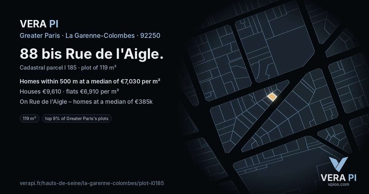 88 bis Rue de l'Aigle, La Garenne-Colombes at night – the plot lit, the parcels around coloured by the prices near them