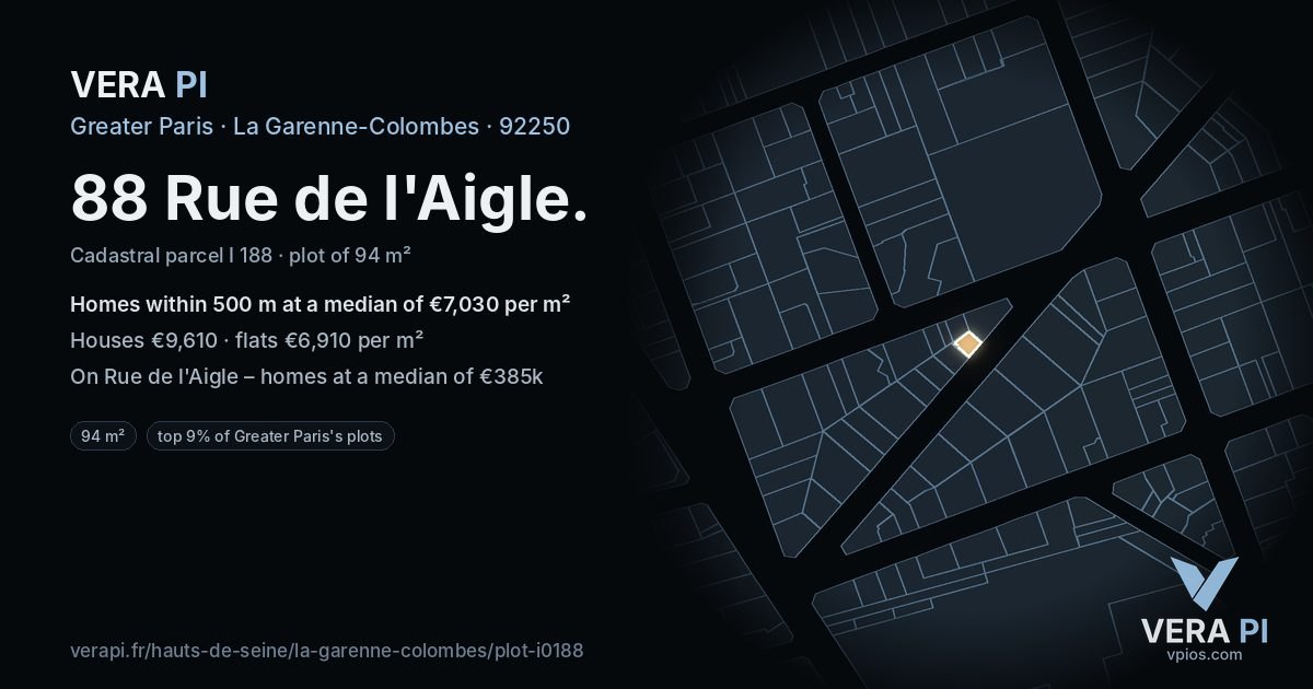 88 Rue de l'Aigle, La Garenne-Colombes at night – the plot lit, the parcels around coloured by the prices near them