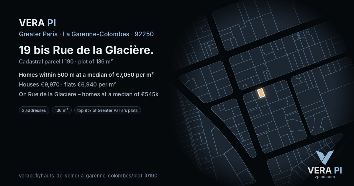 19 bis Rue de la Glacière, La Garenne-Colombes at night – the plot lit, the parcels around coloured by the prices near them
