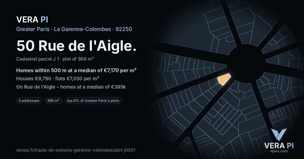 50 Rue de l'Aigle, La Garenne-Colombes at night – the plot lit, the parcels around coloured by the prices near them