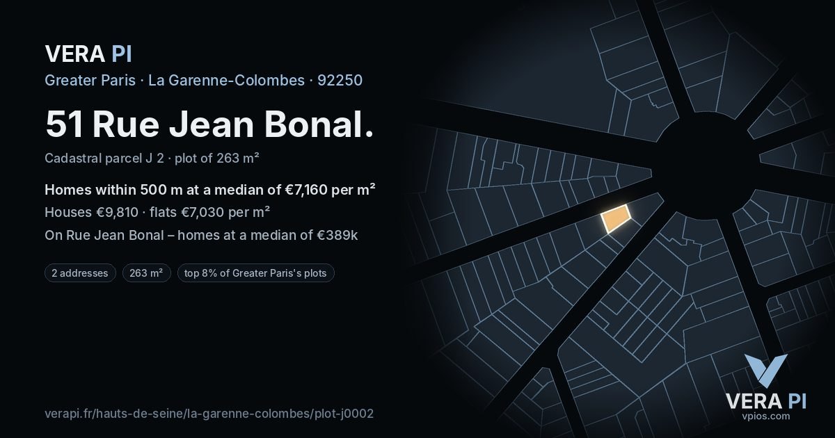 51 Rue Jean Bonal, La Garenne-Colombes at night – the plot lit, the parcels around coloured by the prices near them