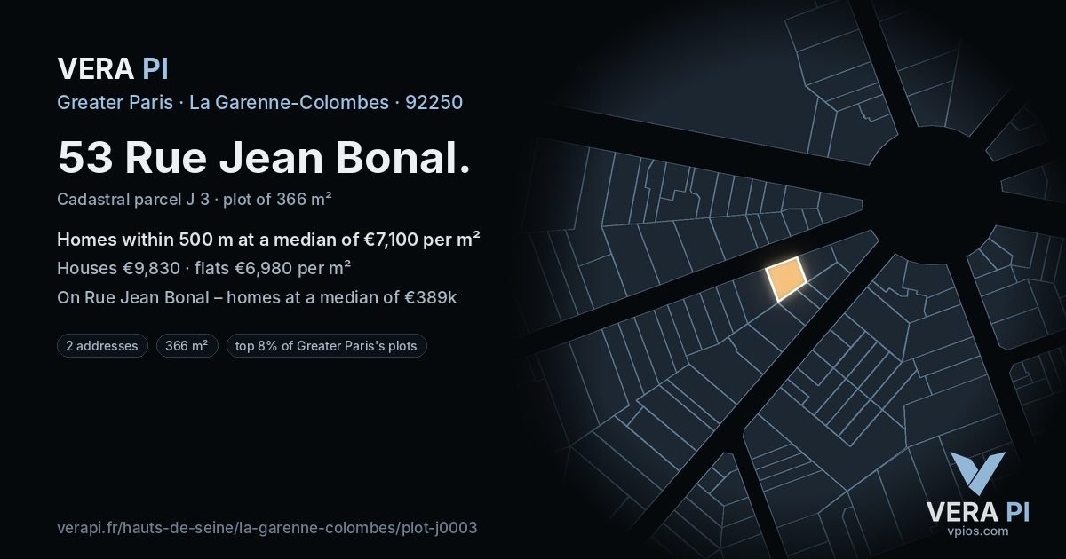 53 Rue Jean Bonal, La Garenne-Colombes at night – the plot lit, the parcels around coloured by the prices near them