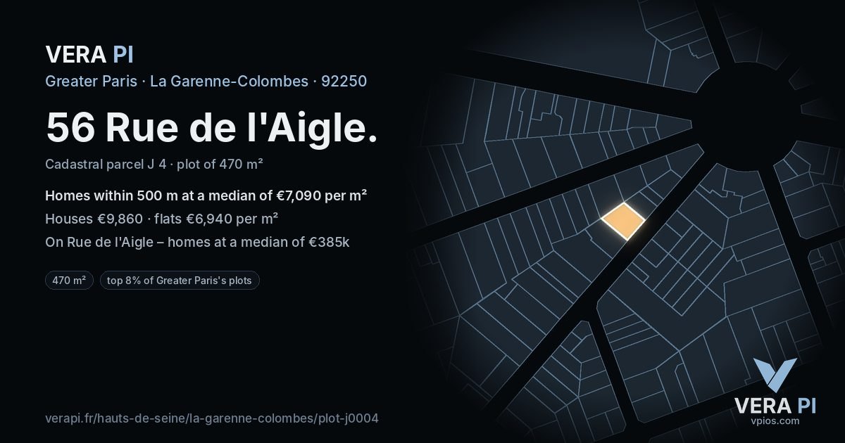 56 Rue de l'Aigle, La Garenne-Colombes at night – the plot lit, the parcels around coloured by the prices near them