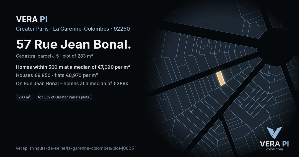 57 Rue Jean Bonal, La Garenne-Colombes at night – the plot lit, the parcels around coloured by the prices near them