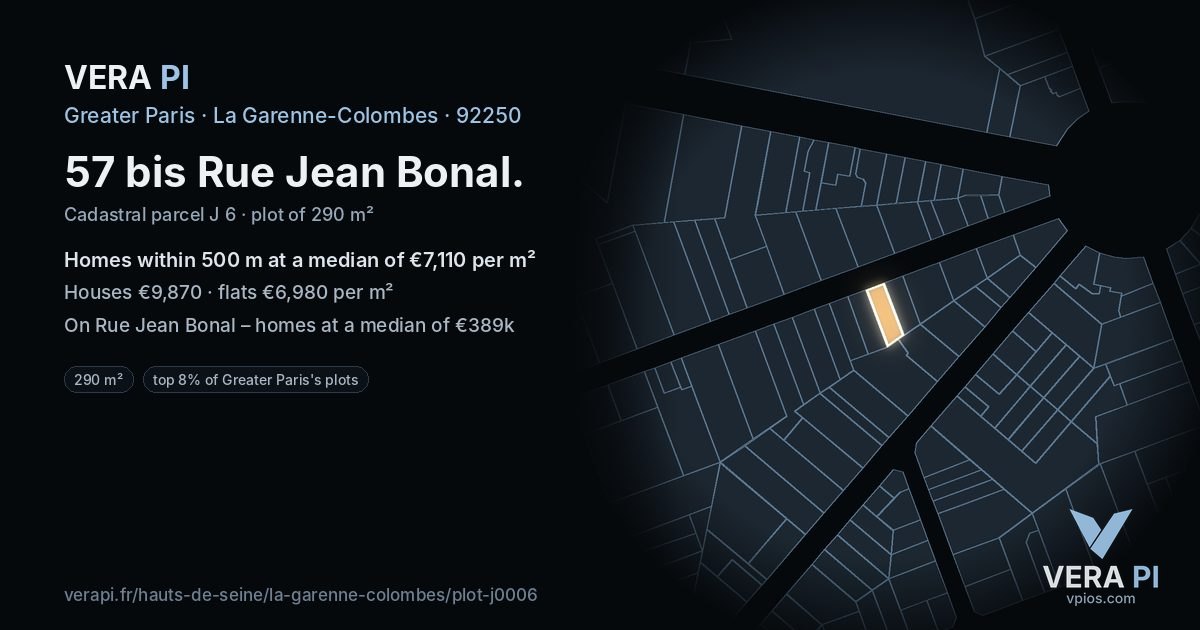 57 bis Rue Jean Bonal, La Garenne-Colombes at night – the plot lit, the parcels around coloured by the prices near them