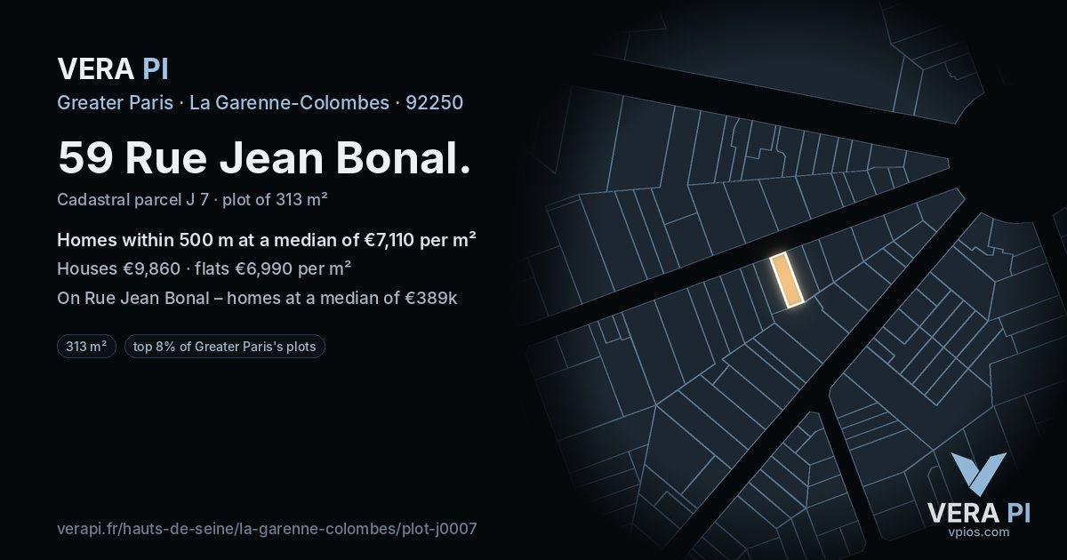 59 Rue Jean Bonal, La Garenne-Colombes at night – the plot lit, the parcels around coloured by the prices near them
