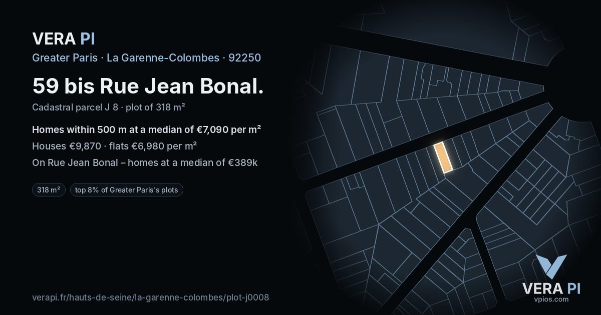 59 bis Rue Jean Bonal, La Garenne-Colombes at night – the plot lit, the parcels around coloured by the prices near them