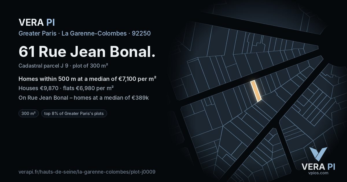61 Rue Jean Bonal, La Garenne-Colombes at night – the plot lit, the parcels around coloured by the prices near them