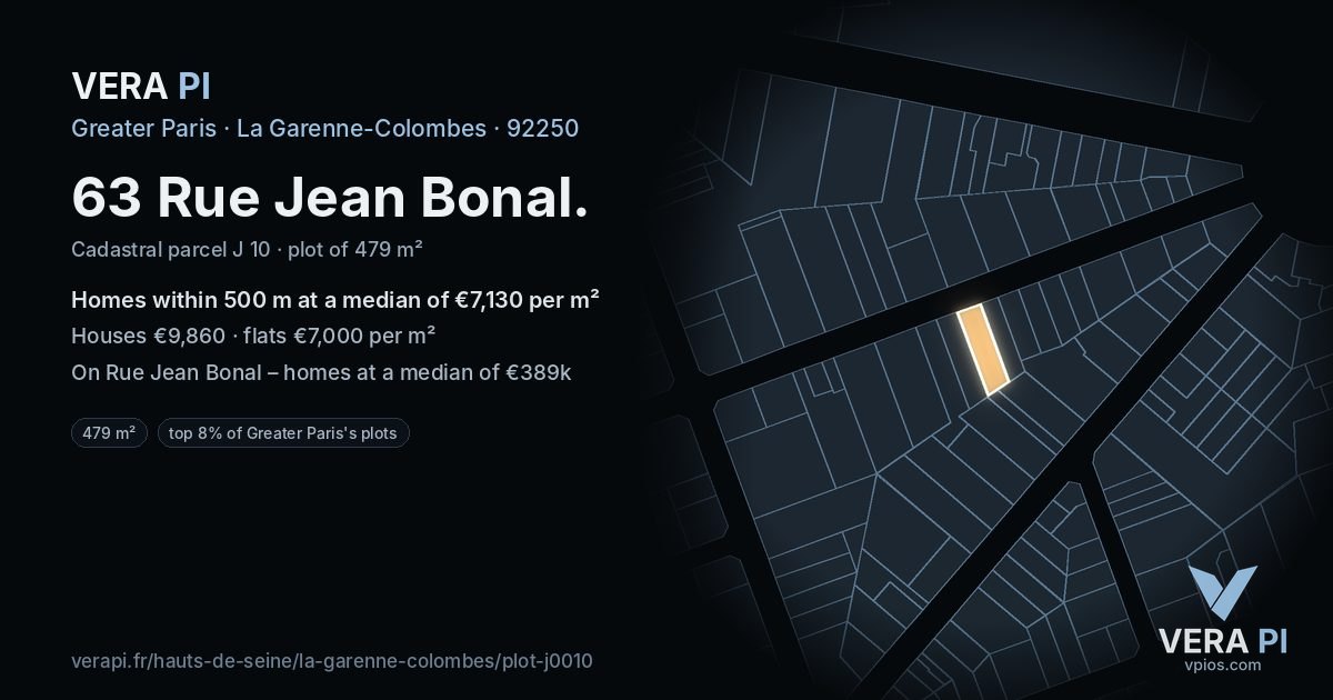 63 Rue Jean Bonal, La Garenne-Colombes at night – the plot lit, the parcels around coloured by the prices near them