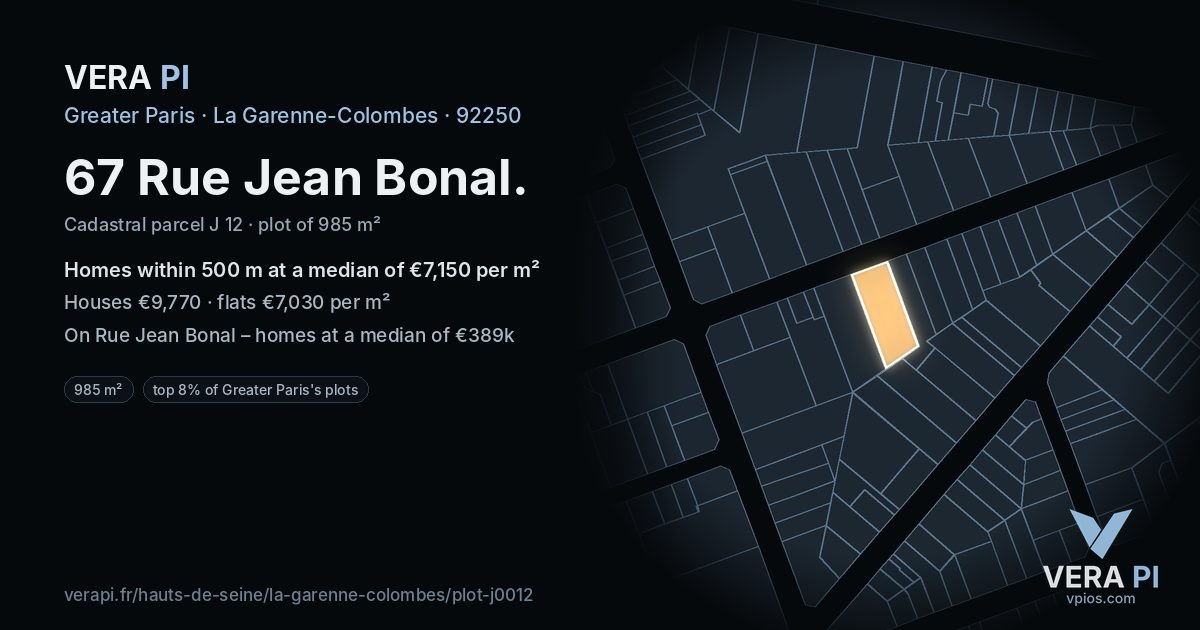 67 Rue Jean Bonal, La Garenne-Colombes at night – the plot lit, the parcels around coloured by the prices near them