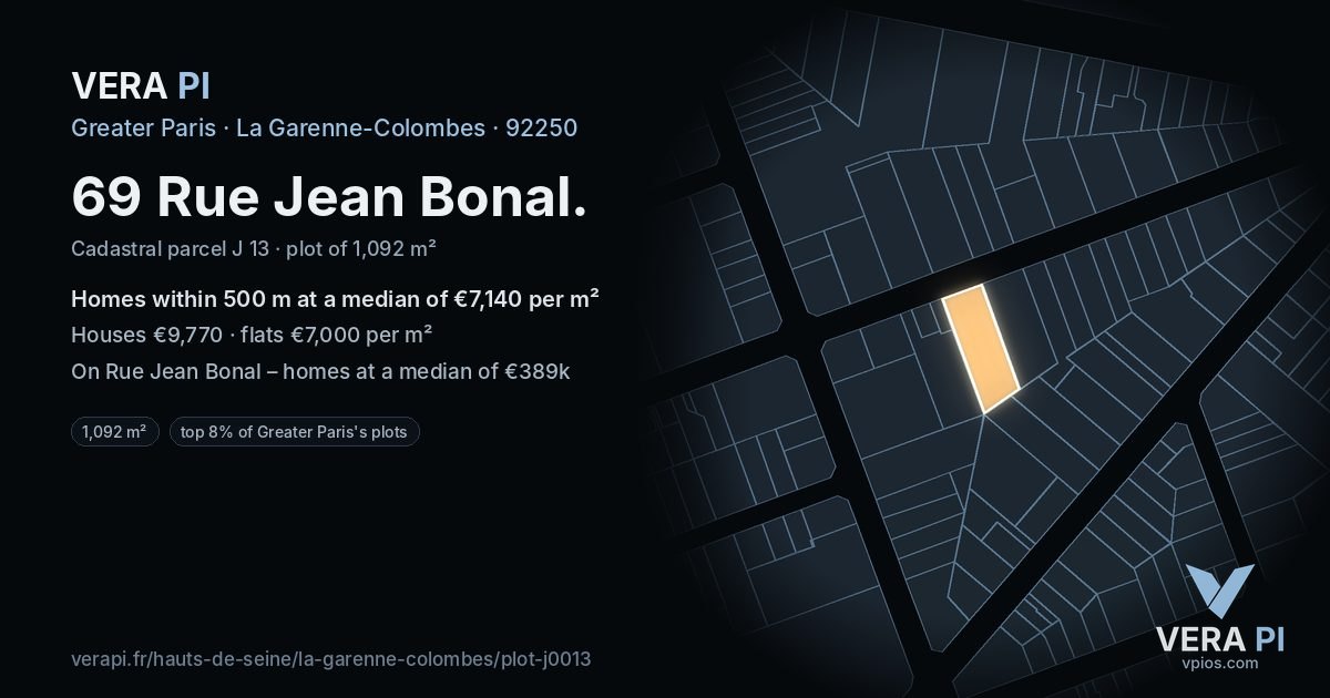 69 Rue Jean Bonal, La Garenne-Colombes at night – the plot lit, the parcels around coloured by the prices near them