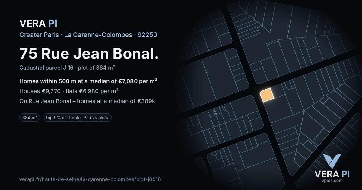 75 Rue Jean Bonal, La Garenne-Colombes at night – the plot lit, the parcels around coloured by the prices near them
