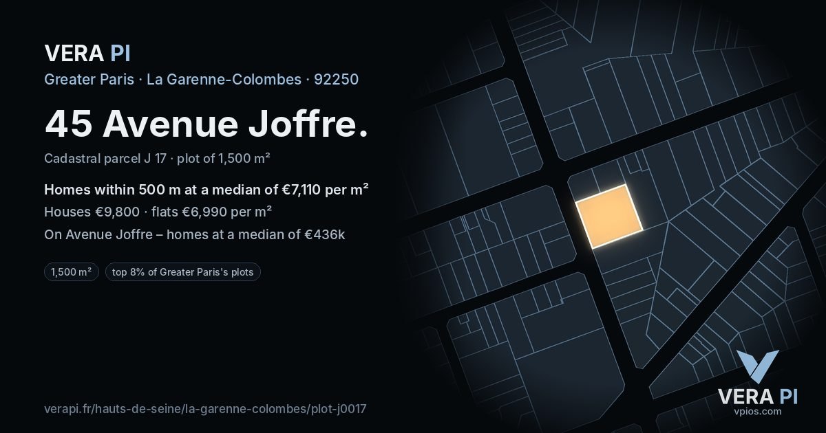 45 Avenue Joffre, La Garenne-Colombes at night – the plot lit, the parcels around coloured by the prices near them