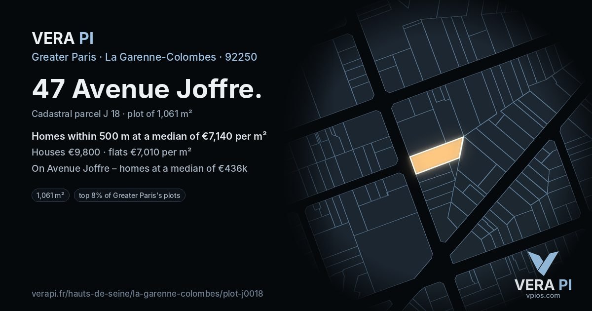 47 Avenue Joffre, La Garenne-Colombes at night – the plot lit, the parcels around coloured by the prices near them