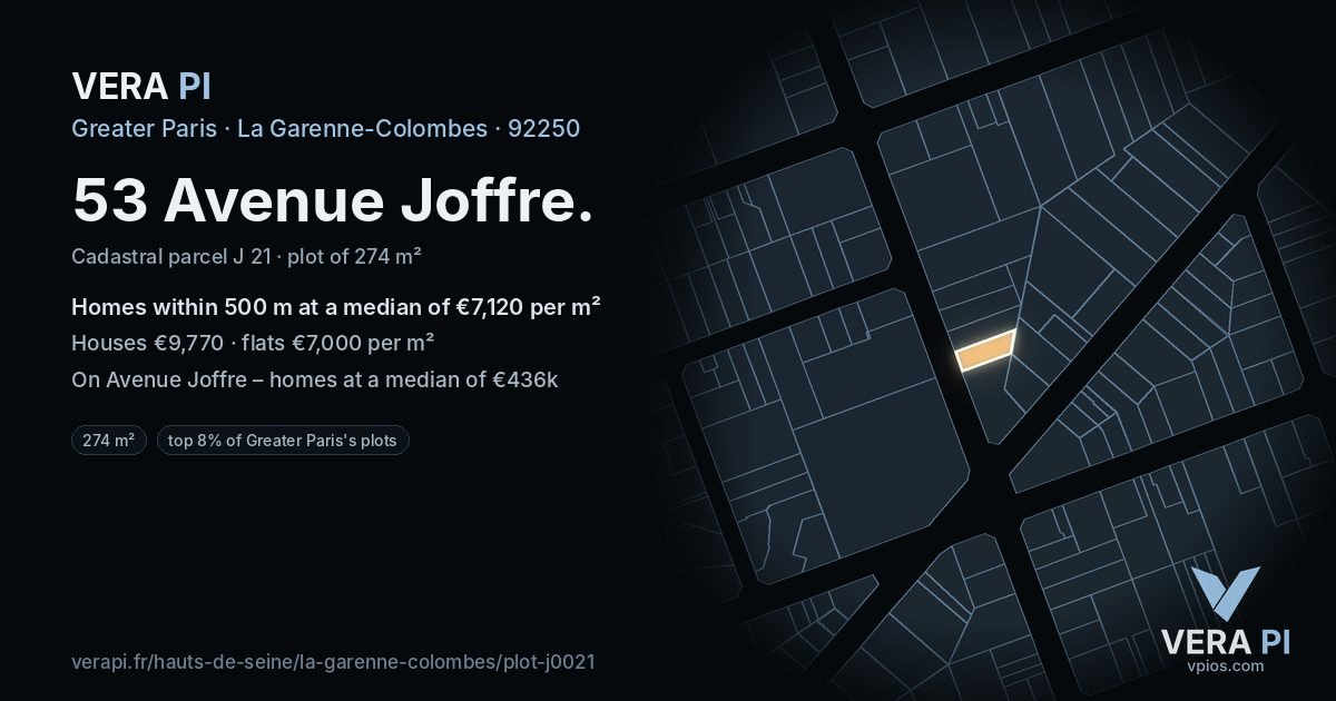 53 Avenue Joffre, La Garenne-Colombes at night – the plot lit, the parcels around coloured by the prices near them