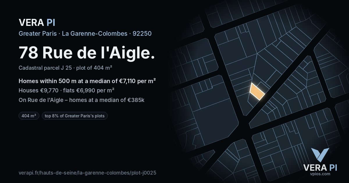 78 Rue de l'Aigle, La Garenne-Colombes at night – the plot lit, the parcels around coloured by the prices near them